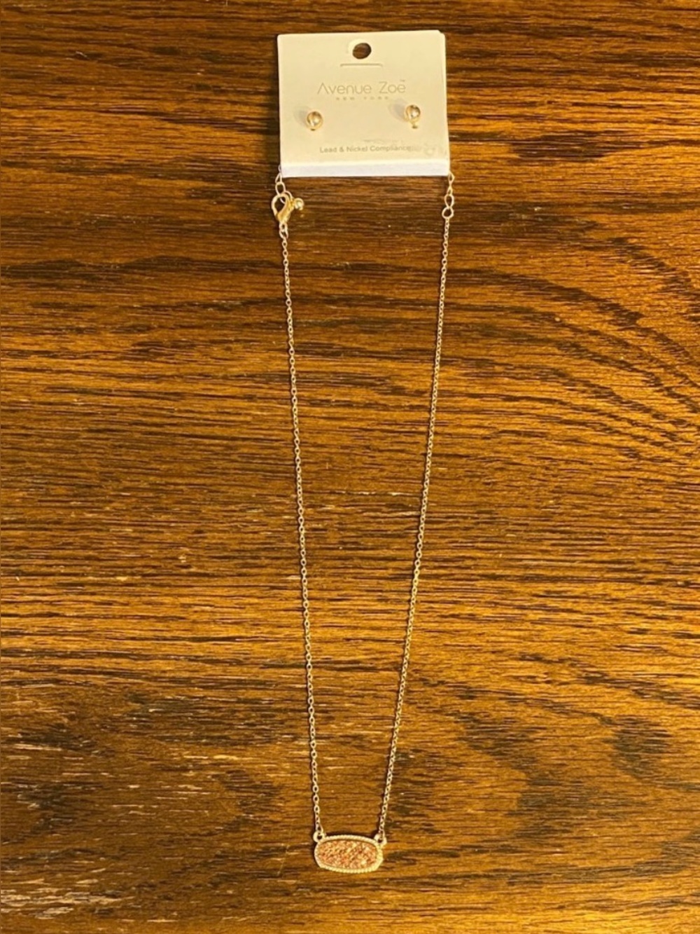 NWT Avenue Zoe Gold Sparkly Pink Drusy Pendant Necklace Stud Earrings Set